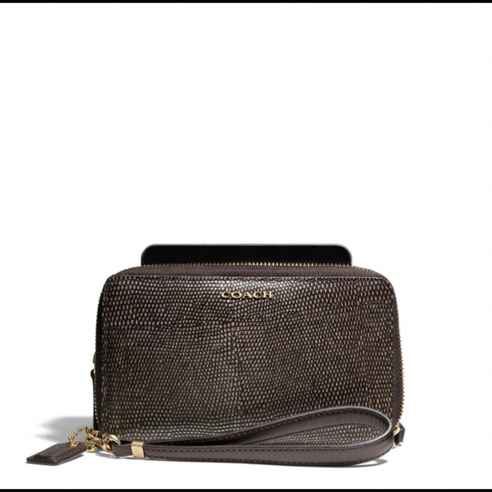 Coach lizard glitter double zipper wristlet.